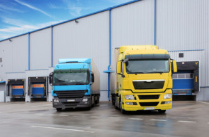 Trucks in warehouse building